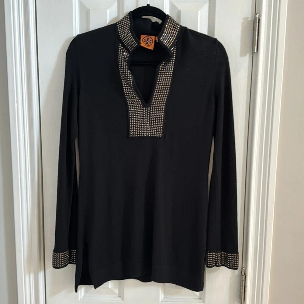 Tory Burch Black Merino Wool Rhinestone Embellished Tunic Sweater